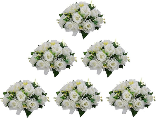 LoveCat Artificial White Roses Bouquet, 6 Pcs Faux Flower Balls Fake Flower 15 Heads Plastic Roses with Base, Perfect for Wedding Centerpieces Bouquets Party Table Decor Home Decor Floracel (White)