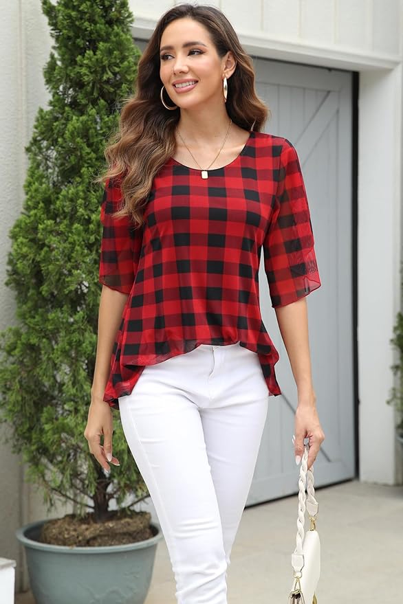 Ninedaily Women's Tops 3/4 Sleeve Blouses Dressy Casual Double Layers Mesh Tunic Shirts