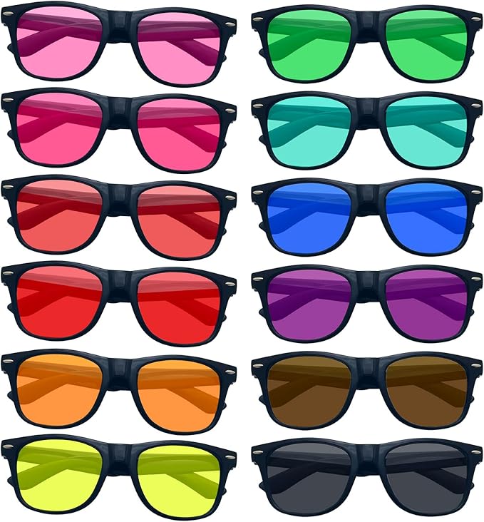 SUNOVELTIES 12/24 Pack Neon Party Sunglasses Mirrored/Jelly Lens Bulk Glasses Horn Rimmed Eyewear for Men Women