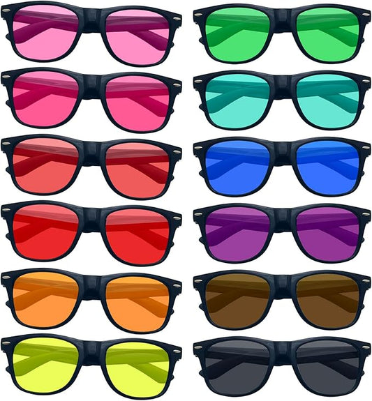 SUNOVELTIES 12/24 Pack Neon Party Sunglasses Mirrored/Jelly Lens Bulk Glasses Horn Rimmed Eyewear for Men Women