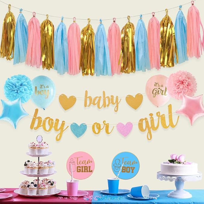 Baby Gender Reveal Decorations - Glitter Letters Baby and Boy or Girl with Hearts Banner, Tissue Paper Tassels Garland Set for Gender Reveal Party Decorations