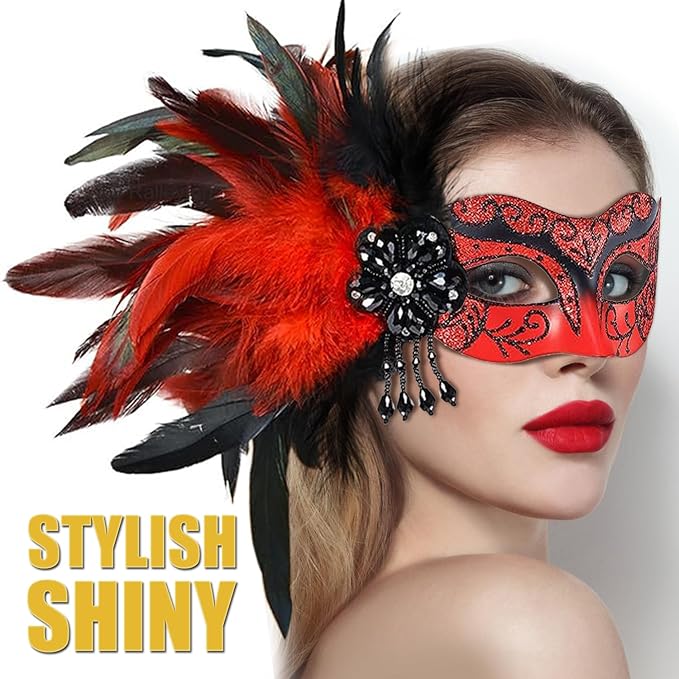 Masquerade Mask for Women Shiny Venetian Mask for Halloween Mardi Gras Costume Party Ball with Feather flower dec.