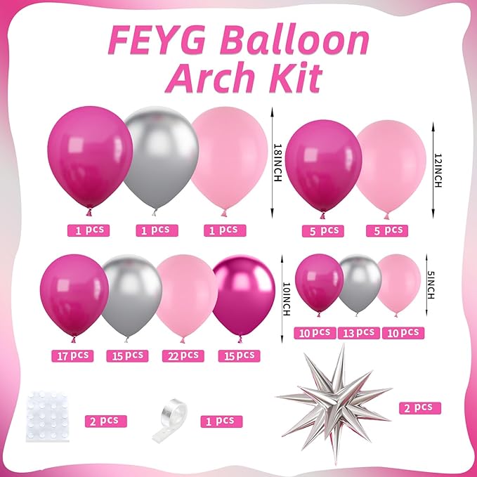 Pink and Silver Balloon Arch Kit, 120PCS Pastel Pink Hot Pink silver 4D Star balloons for girl for Baby Princess Theme Party Birthday Girl Baby Shower Anniversary Wedding 2025 graduation