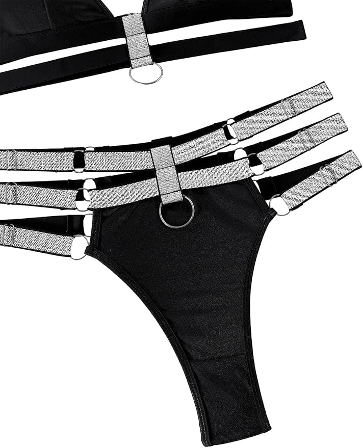 Lilosy Sexy Wireless Choker O Ring Linked Strappy Harness Lingerie Set Outfits 3 Piece