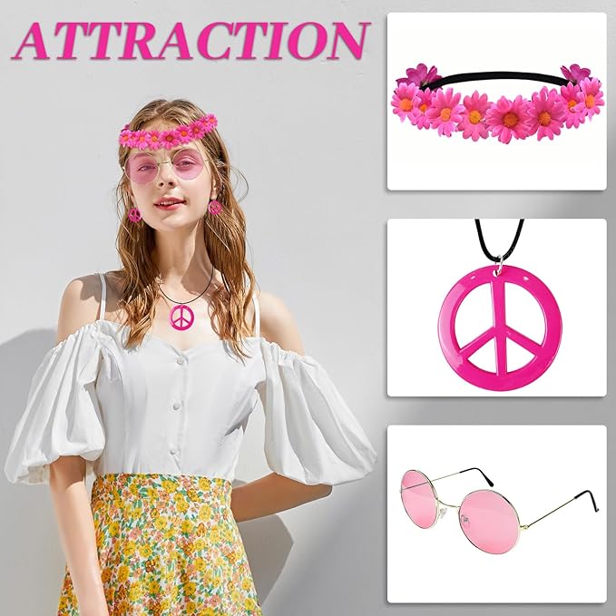 Hippie Costume Set Includes Peace Sign Necklace and Earring, Flower Crown Headband and Sunglasses 60s 70s Party Accessories