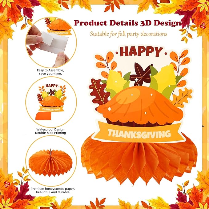 Thanksgiving Table Decorations Centerpieces 9pcs Friendsgiving Table Decorations Fall Centerpieces Turkey Centerpieces for Tables Thanksgiving Honeycomb Table Decorations for Fall Pumpkin Party