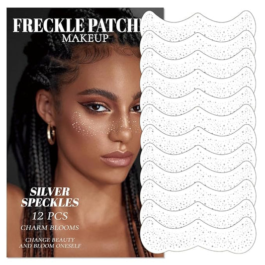 12Pcs Glitter Freckles for Women, Long Lasting Waterproof Holographic Sparkle Temporary Face Tattoo Star Sticker Makeup Patches for Rave Musical Festival Accessories (SILVER FRECKLES)