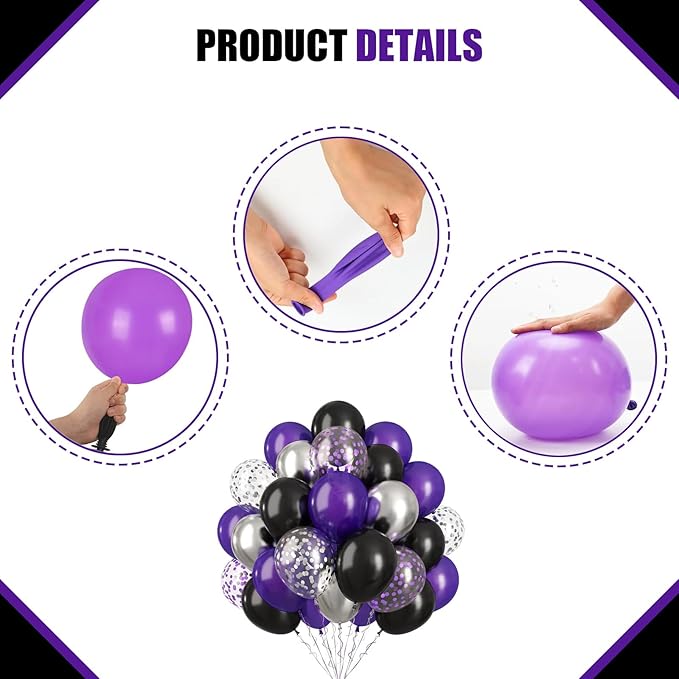 60PCS Purple Black and Silver Balloons,10 inch Purple Black and Silver Balloon Arch Kit Birthday Decorations,Suitable for Birthday Wedding,Halloween Party Decorations
