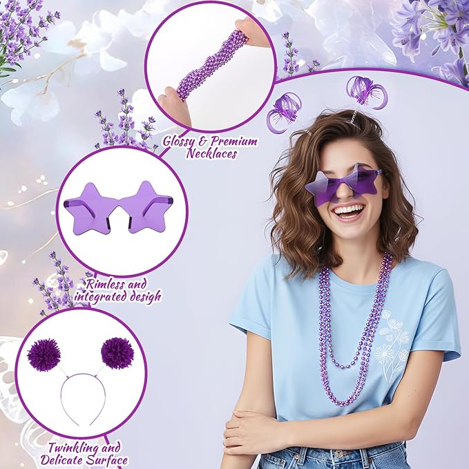 50 Pcs Purple Holiday Team Spirit Party Accessories Pom Pom Party Headbands Star Shape Sunglasses Bead Necklaces Stuff Favors for Birthday Wedding Supplies(Classic)