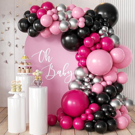 Hot Pink Black Silver Balloon Garland Arch Kit, 166Pcs Red Black Pink Silver Balloons for Birthday Graduation Baby Shower Wedding Anniversary Bachelorette Party Decorations