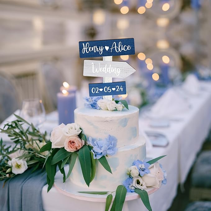 Personalized Ocean Themed Wedding Cake Topper in Wood Custom Bride & Groom Names Initials Wedding Date Cake Decoration (Navy)