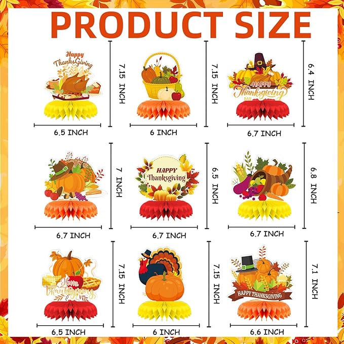 9Pcs Thanksgiving Centerpiece Fall Centerpiece Table Decorations Pumpkin Turkey Honeycomb Thanksgiving Table Centerpiece for Thanksgiving Table Decoration Autumn Theme Birthday Party Supplies
