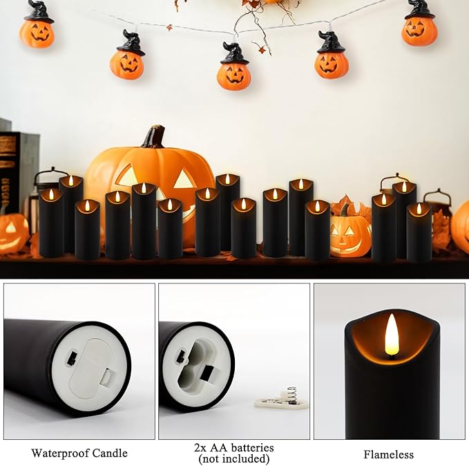 24-Pack Black Flameless LED Candles with Remote & Timer (3 Sizes) - Battery Operated Halloween Pillar Candles for Spooky Decor, Haunted House, Gothic Wedding, Holiday Centerpieces