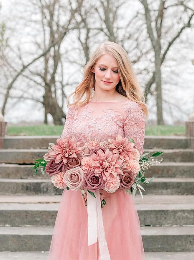 Dusty Roses Artificial Flowers Pink Fake Flower Bulk for DIY Wedding Bouquet Bridal Baby Shower Centerpiece Table Decorations Silk Faux Floral Arrangements for Party Home Decor Indoor