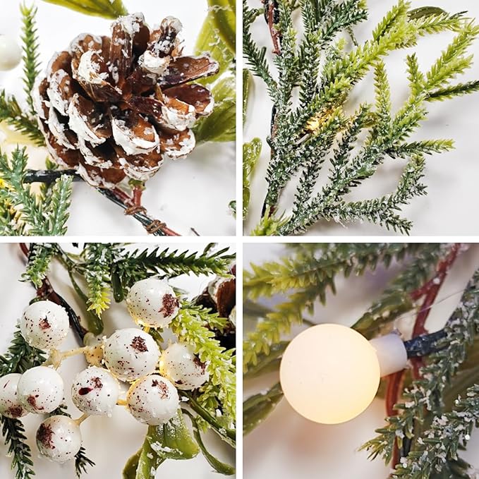 6FT Snowy Garland Christmas, Pre-lit Garland with 20 LED Lights, Pine Cones, White Berry&Ball, Battery Operated with Timer, Indoor Christmas Decoration for Holiday New Year