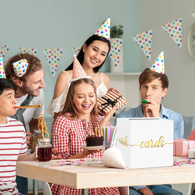 1 Pack White and Gold Foil Card Box for Party, 8.7" White Gift Card Box for Birthday, Wedding, Baby Shower, Retirement, Anniversary, Bridal Shower, Graduation, Raffle Ticket