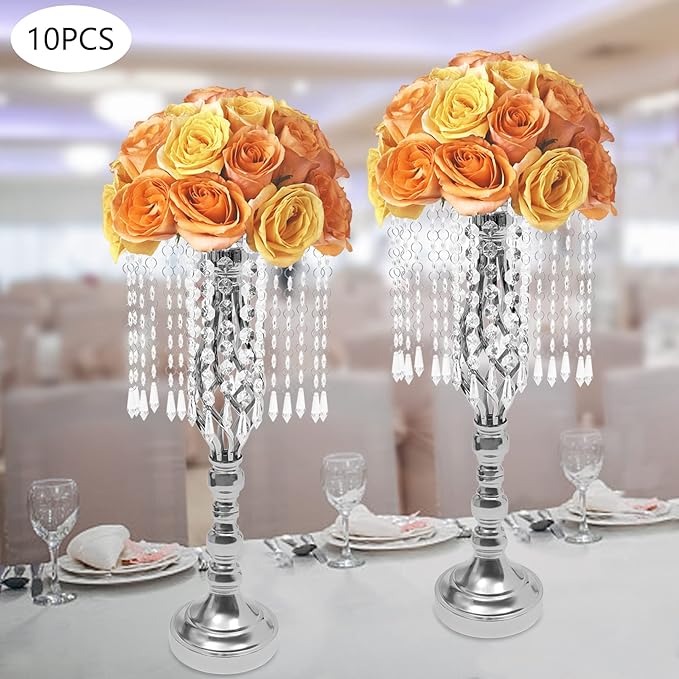 Wedding Centerpieces Gold Vases,10PCS Metal Flower Candle Holder with Sparkling Crystal Beads,Crystal Flower Vase Metal Flowers Stand for Party Tables Decorations (Sliver-10PCS-14CM)