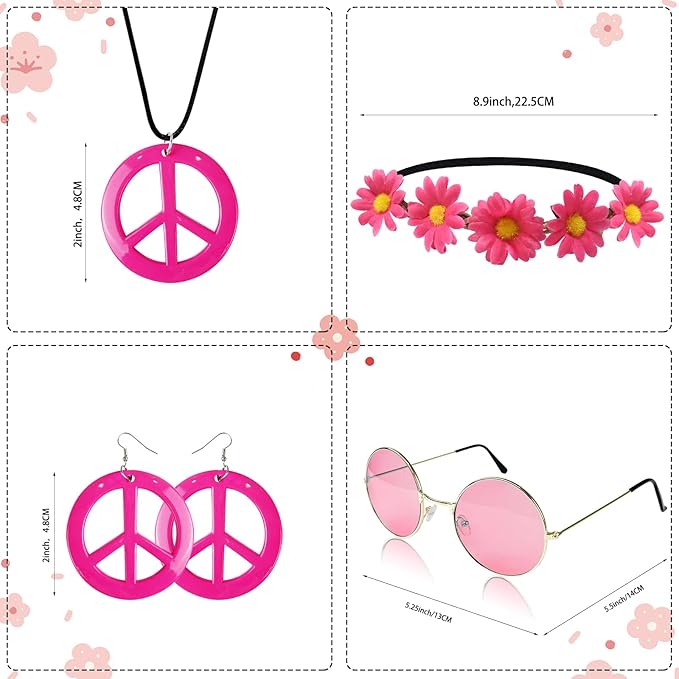 Hippie Costume Set Includes Peace Sign Necklace and Earring, Flower Crown Headband and Sunglasses 60s 70s Party Accessories