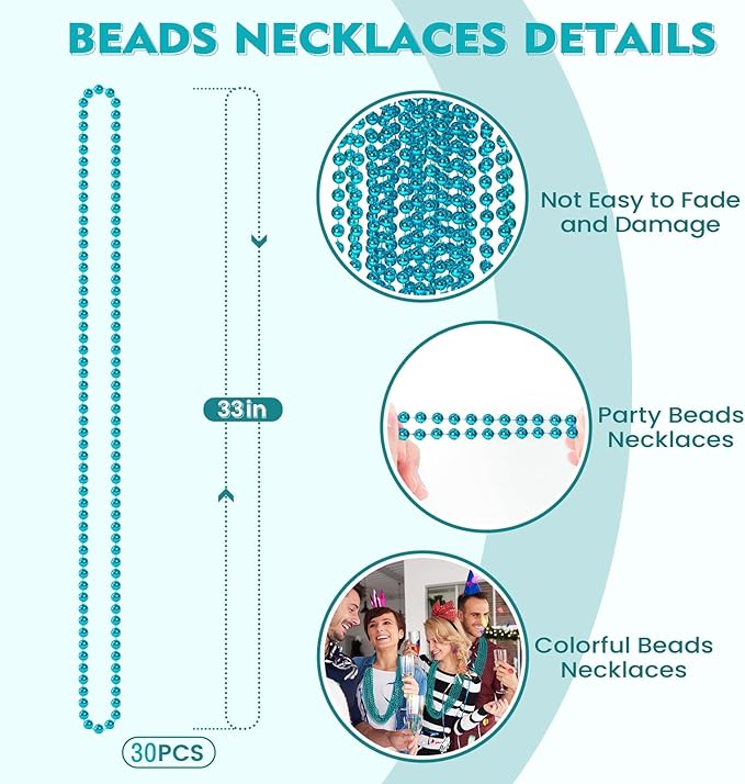 SHAOQINLIN 30 PCS Teal Bead Necklace, Teal Mardi Gras Beads, Turquoise Party Beads Necklaces Bulk Round Beaded Necklaces for Mardi Gras, Christmas, School Spirit Day Party Favors