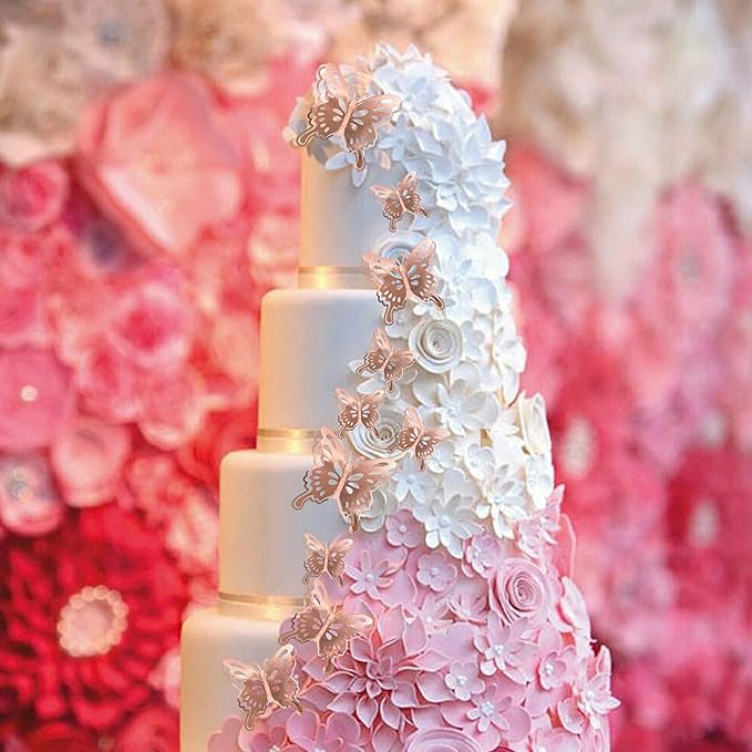 40 PCS Rose Gold Lively 3D Butterfly Cupcake Toppers Hollow Art Butterfly Cake Topper Decorations for Baby Shower Wedding Anniversary Kids Birthday Party Supplies Mixed Size