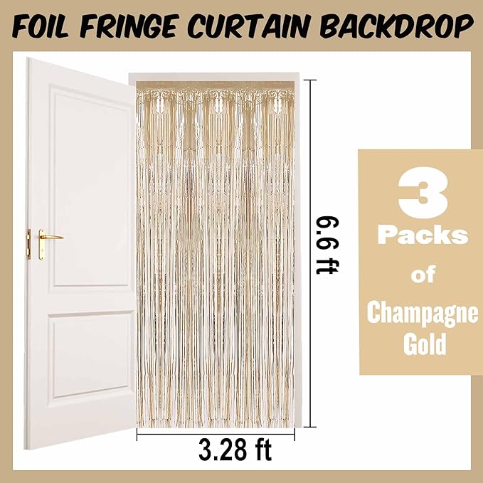 3 Pack Champagne Gold Foil Fringe Curtains Backdrop, 3.28 x 6.6 Ft Metallic Streamers Tinsel Curtains Background for Photo Booth, Birthday, Halloween, Christmas, New Year Party Decorations