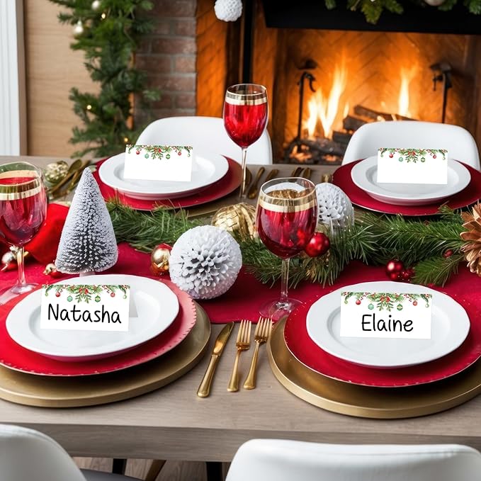 50 Pcs Christmas Place Cards for Xmas Seating Name Tags Placecard Holders Seating Christmas Food Tent Labels for Dinner Party Banquet Tables Buffet Food Label (Christmas-2)