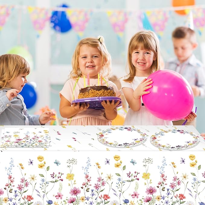 41Pcs Wildflower Party Decorations Spring Floral Birthday Tableware Wildflower Floral Paper Plates Napkins Tablecloth丨Spring Summer Picnic Birthday Wedding Mothers Day Tea Party Decorations,Serve 20