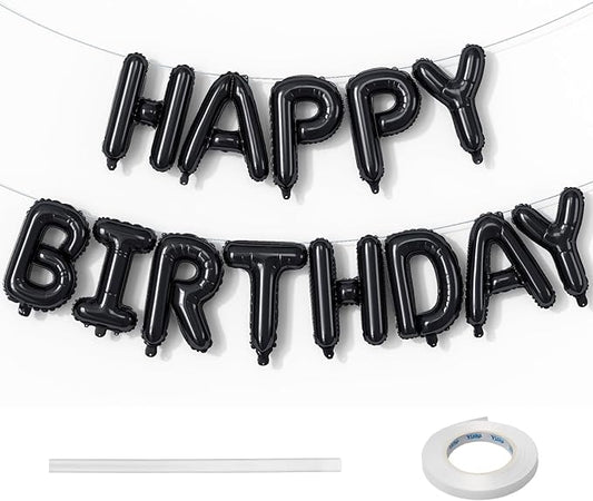 16 Inch Happy Birthday Banner Balloon - Black Letters Foil Balloons With Ribbon, Self Inflating Letter Balloon Bunting for Men Women Birthday Party Decorations Supplies