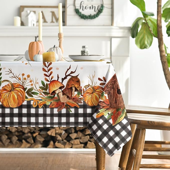 Horaldaily Fall Tablecloth 60x140 Inch Rectangular, Thanksgiving Autumn Harvest Pumpkin Mushroom Black Buffalo Plaid Table Cover for Party Picnic Dinner Decor
