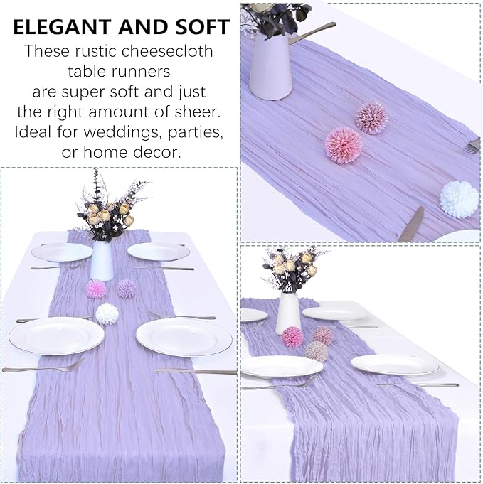 6 Pack Lavender Cheesecloth Table Runner 10FT Boho Gauze Fabric Table Runner 35 x 120 Inch Rustic Sheer Runner for Centerpiece Wedding Decor Baby Shower Party Boho Table Decoration