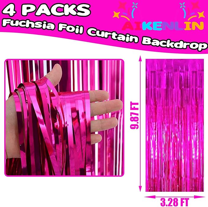 4 Pack 3.2Ft x 9.8Ft Fuchsia Foil Fringe Curtain Backdrop, Metallic Tinsel Foil Fringe Streamers Curtains for Party, Photo Booth Props, Birthday, Wedding, Christmas Party Decoration Supplies