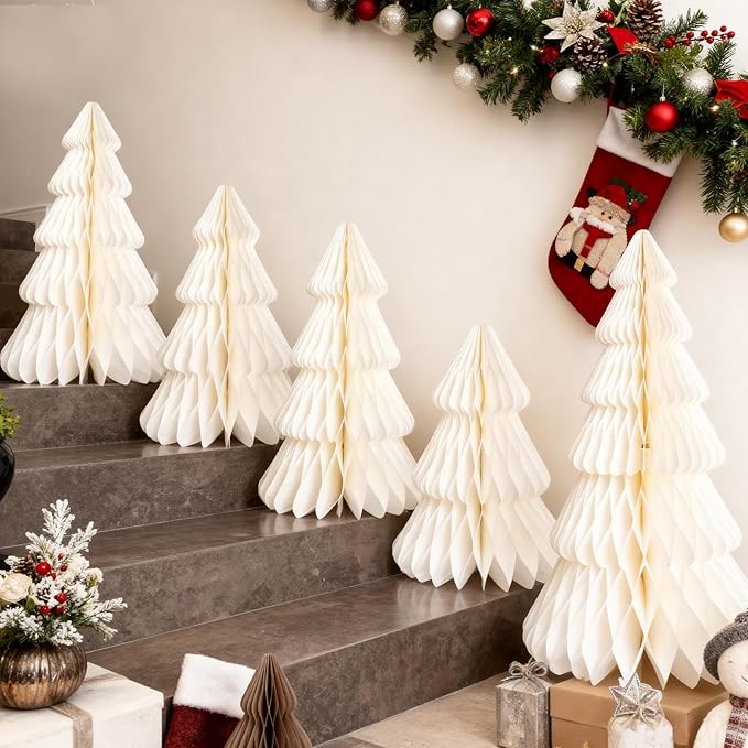 Christmas Table Decorations Indoor, 5 Pcs Extra Large White Honeycomb Paper Christmas Trees, Vintage Table Centerpieces Decorations for Xmas Winter Wonderland New Year Party Weddings Home Decor