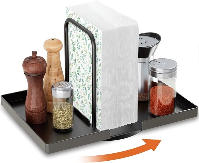 Napkin Holder for Table, Rotating Napkin Dispenser with Salt and Pepper Shakers Storage, Metal Paper Towel Holder for Table, Kitchen Countertop, Dining Table Decor Black Not Including Shakers
