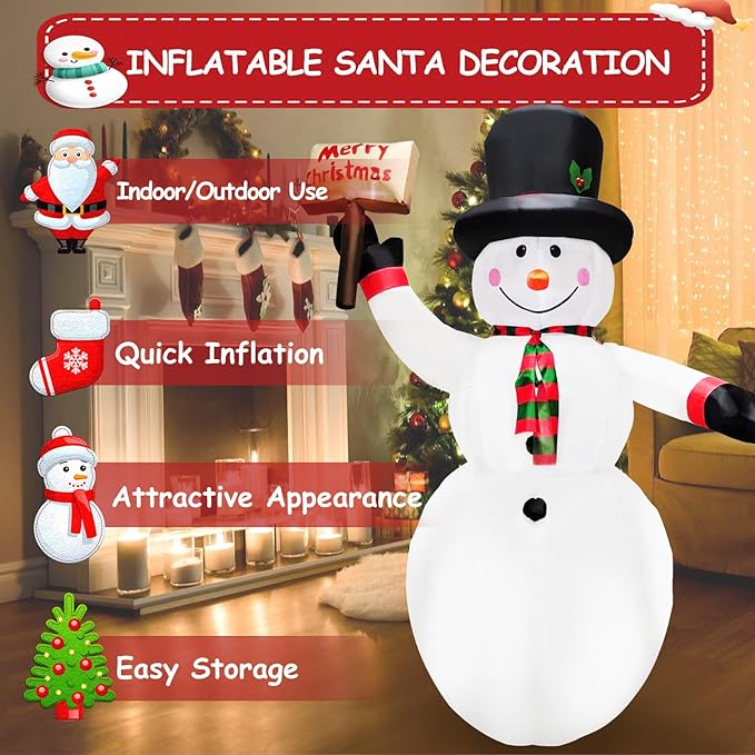 8FT Christmas Inflatables Snow Man Holding a Merry Christmas Sign Inflatable Christmas Outdoor Xmas Blow up Snowman with Built-in 4 LEDs Large Blow up Snowman for Outdoor、Indoor、Yard Party