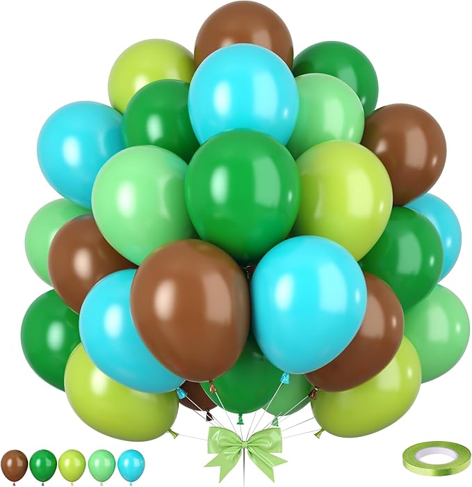 Green Brown Balloons, 50pcs Green Balloon, Dark Brown Light Lime Grassy Teal Blue Balloon for Boy Man Teen Jungle Forest Theme Game Birthday Party Baby Shower Wedding Decorations
