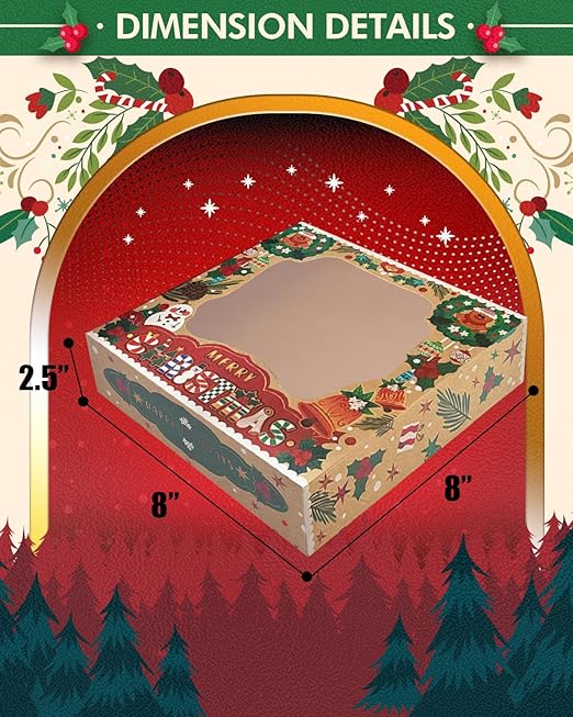 qiqee Christmas Kraft Cookie Boxes with Window 30packs 8x8x2.5 Inch Bakery Box Pastry Box for Christmas
