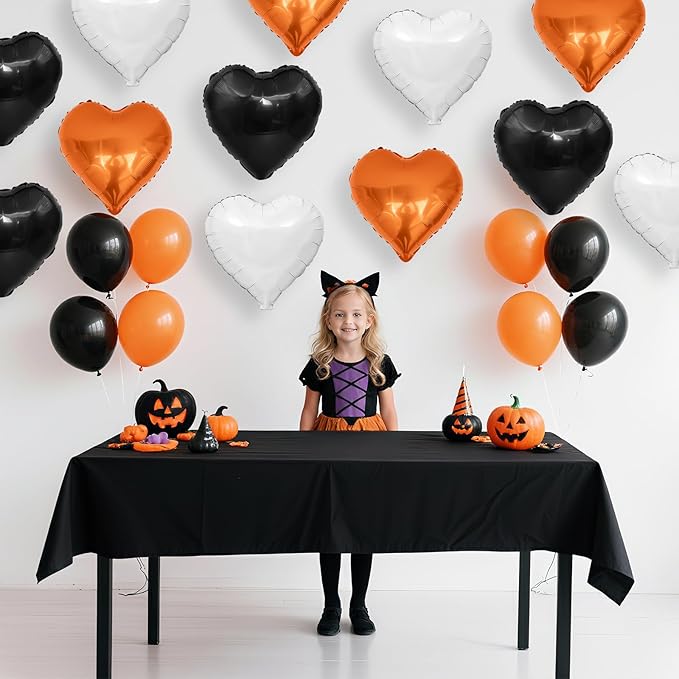 Black Orange Heart Balloons, 18 Inch Black White Orange Heart Foil Shape Balloon, 12PCS Large Love Helium Balloons for Birthday Graduation Halloween Thanksgiving Day Graduation Party Decorations