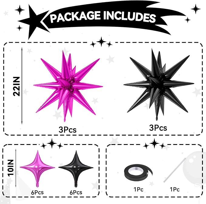 18 Pcs Black Pink Star Balloons, Hot Pink and Black Balloon with 6 Pcs 22-Inch Explosion Star Balloons 12Pcs 10-Inch Four Pointed Stars Foil Balloon for Bridal Shower Girls Birthday Party Decor
