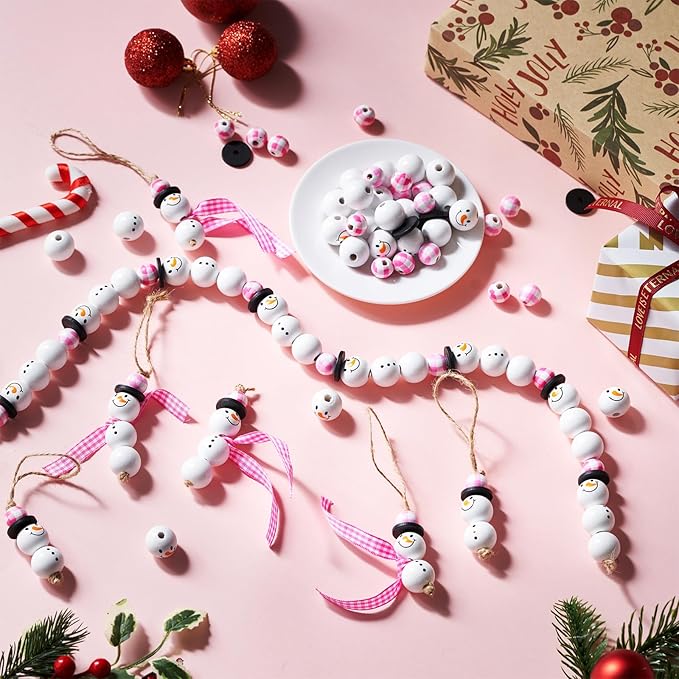 Landical 180 Piece DIY Christmas Snowman Wooden Bead Crafts Christmas DIY Ornaments Buffalo Plaid Wood Round Bead Xmas Print Wooden Beads with Twine Scarf for Crafts(Pink Color)