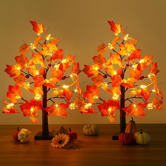 Joyhalo 2 Pack 23.5 Inch Fall Trees with Lights, Timer Battery Operated Fall Light Up Tree for Thanksgiving Autumn Home Office Room Indoor Decorations, Faux Fall Lighted Maple Trees Decor