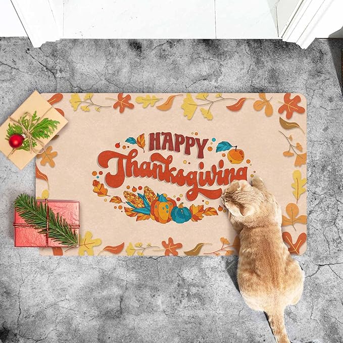 Happy-Thanksgiving Door Mat Fall Welcome Mat for Front Door, Autumn Harvest Seasonal Non Slip Doormat for Entrance Entryway Outside, 30"x18"inch