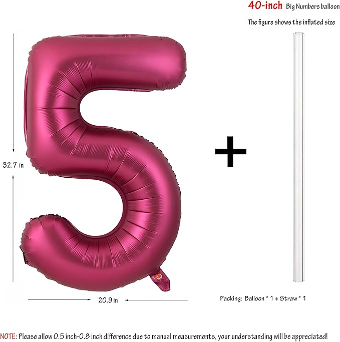 Number 5 Balloons 40 Inch Wine Red Burgundy Foil Helium Large Balloons for Birthday Party Anniversary Decorations（Digital 5）
