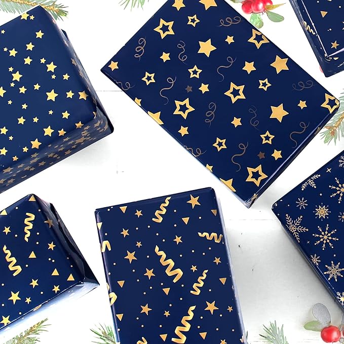 Wrapping Paper Flat Sheets, Blue Gift Wrapping Paper Set with Sticker Ribbon, Men Gift Wrap Birthday Wrapping Paper with Navy Blue and Gold Stripes Star Design, for Men Boy, for Birthday, Hanukkah,