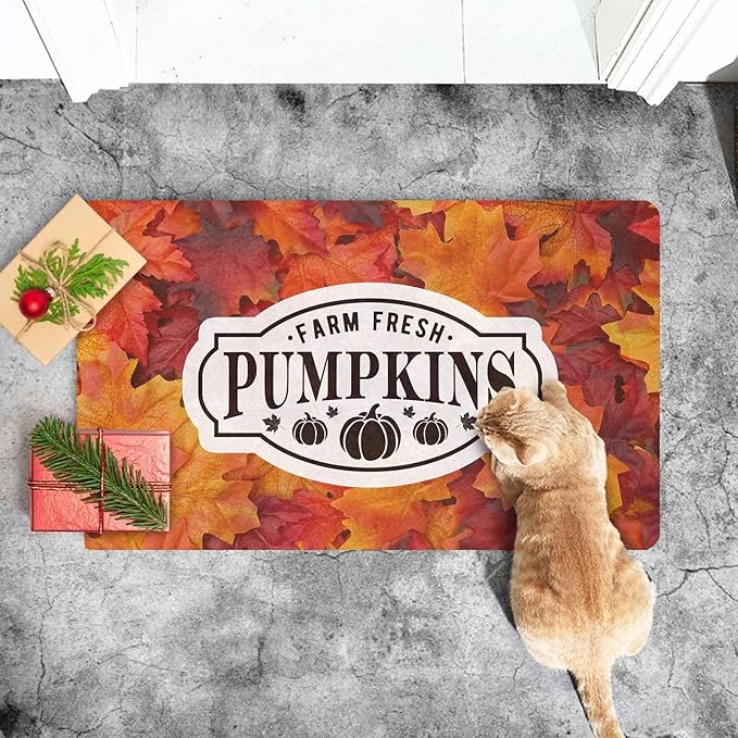 InterestPrint Thanksgiving Doormat Fall Door Mat, Fall Maple Leafs Welcome Door Mats Outdoor Indoor Autumn Leaves Doormat, Harvest Pumpkin Door Rug for Thanksgiving Farmhouse Decor