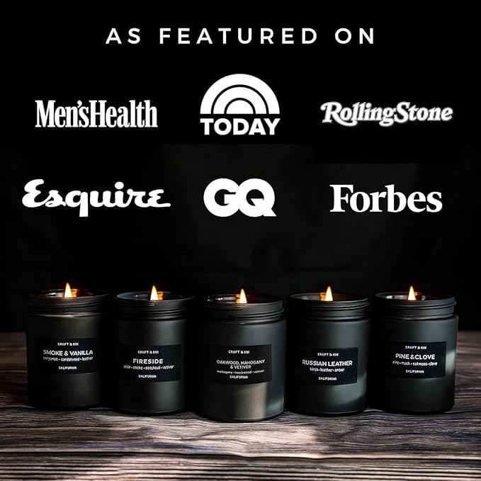 Craft & Kin Premium Oakwood, Mahogany & Vetiver Candle | Black Christmas Scented Candles for Men | Long Lasting with 45 Hour Burn Time, 7.6oz | Soy Holiday Candles | Aromatherapy at Home