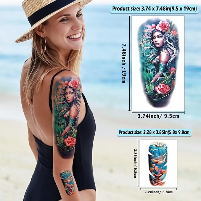 77 Sheets Temporary Tattoo for Women and Men, 17 Sheets Half Arm Shark Dolphin Jellyfish Turtle Fish Fake Tattoos, 60 Sheets Beach Ocean Tiny for Adults Kids Body Tattoos Stickers Waterproof Realistic