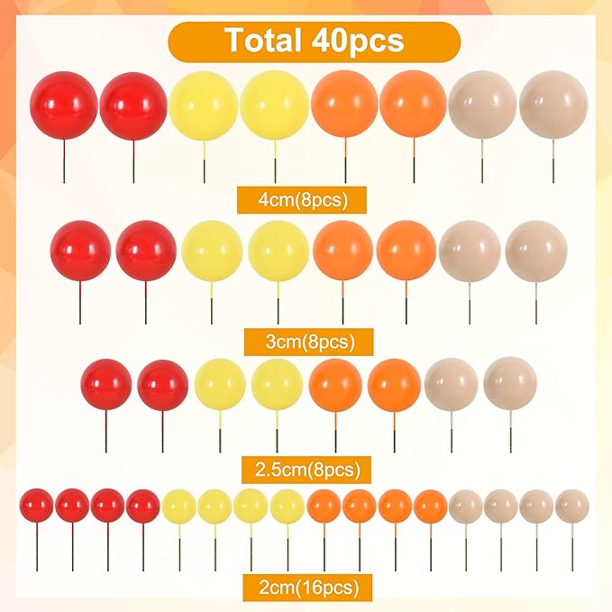 BEISHIDA 40 Pcs Ball Cake Toppers Mini Balls Cake Decorations Sticks Foam Balls DIY Cake Topper Insert Balls for Fall Autumn Harvest Thanksgiving Birthday Baby Shower Cake Decorations