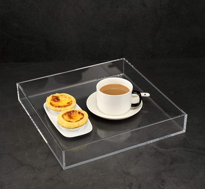 Waterproof Acrylic Vanity Tray, Remote Control Sturdy Valet Tray Organizer, Lucite Nightstand Dresser Bathroom Organizer, Square Acrylic Tray (Clear-10''x10'')