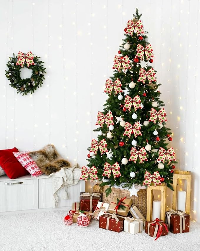 SIMISI RIBBON Christmas Tree Bows Wreaths Graland Xmas Party Decorations Red Green Polka Dot Ornaments (6 * 6 Inches, 12 Pcs)