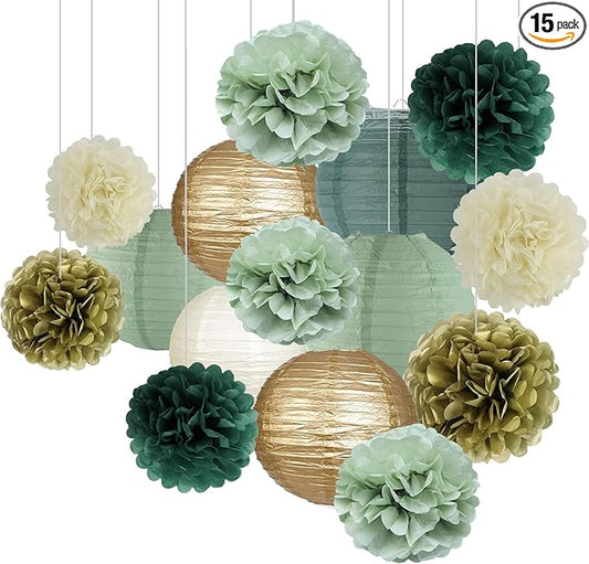 zilue Sage Green Party Decorations, Sage Green Paper Lanterns and Pom Poms Flowers for Birthday Party Baby Shower Wedding Shower Decor Gold/Ivory/Sage Green 15pcs